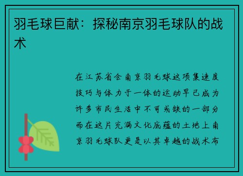 羽毛球巨献：探秘南京羽毛球队的战术