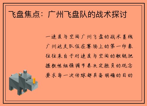 飞盘焦点：广州飞盘队的战术探讨